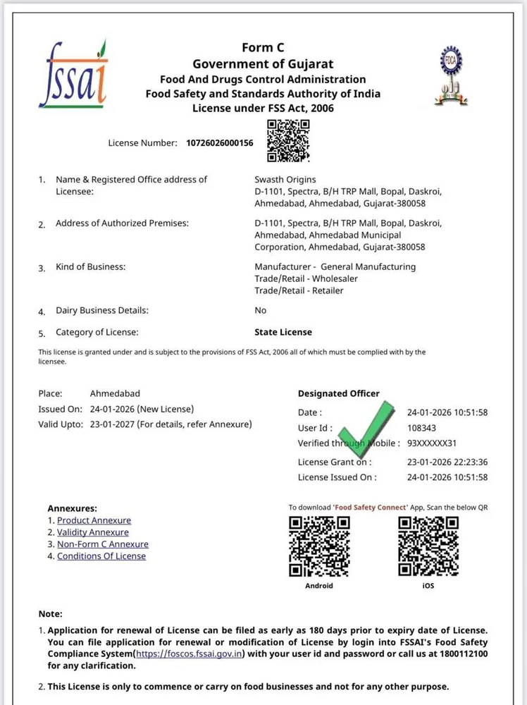 Swasth Origins FSSAI licence